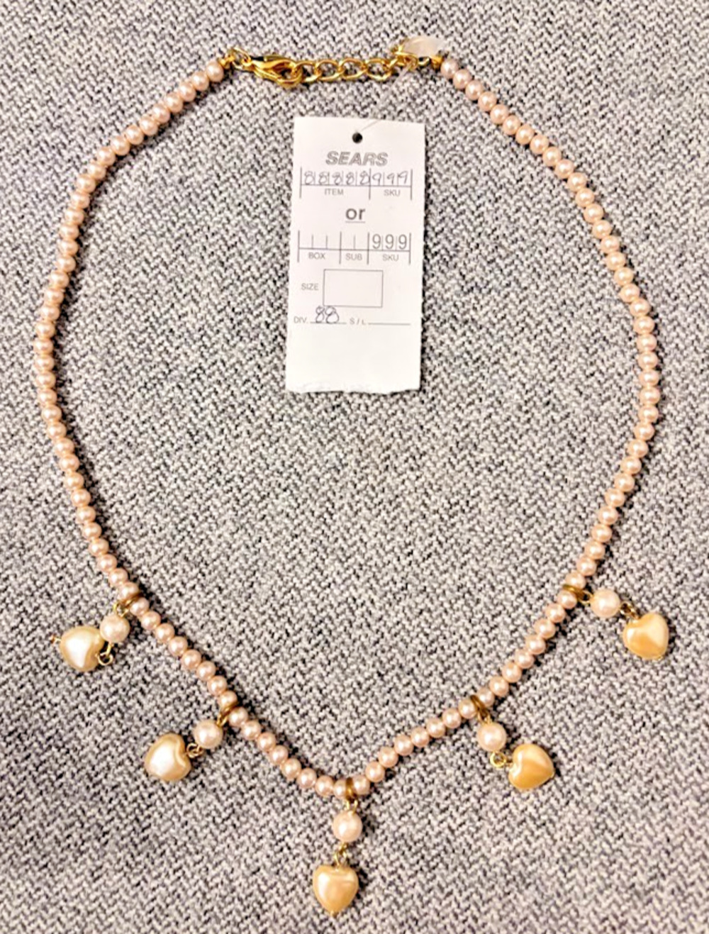Vintage 90s Sears Faux Pearl Heart Dangle Fringe Necklace Gold Tone NOS NWT